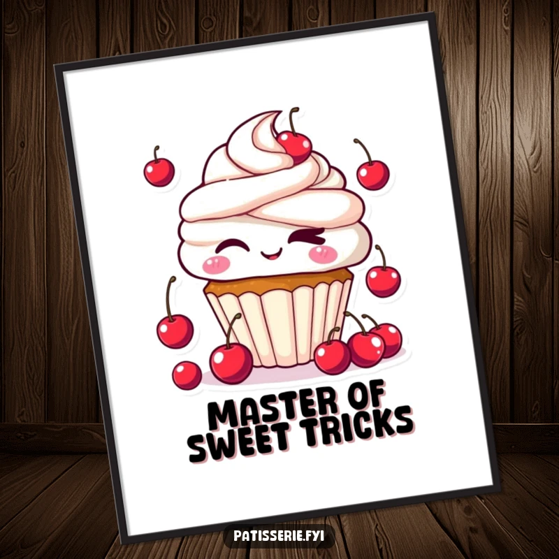 Funny Kawaii Cupcake Poster featuring a cute cupcake character winking and juggling cherries, creating a vibrant and sweet piece of wall art.