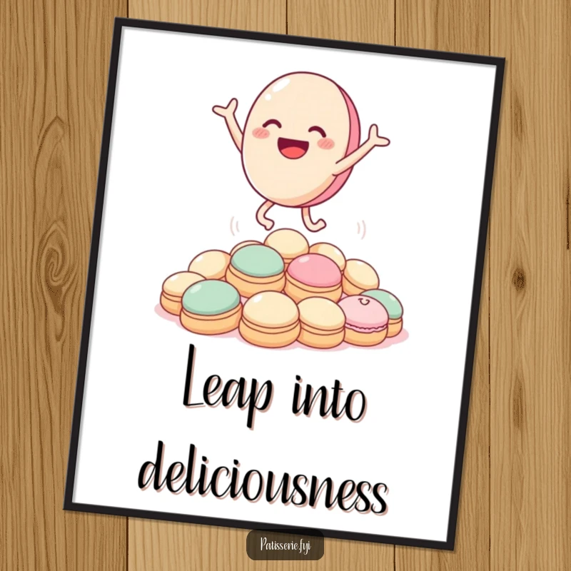 Funny macaron poster depicting a cheerful macaron character performing an energetic leap over a fluffy pile of cream puffs.