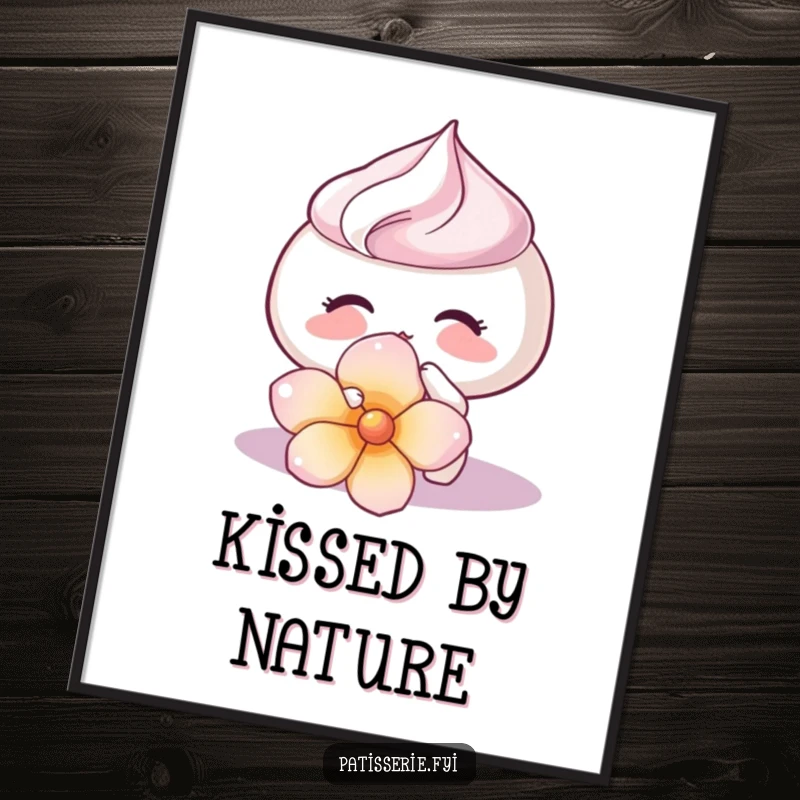 Funny Meringue Kiss Poster depicting a happy meringue kissing a flower petal, delicate wall art for a funny gift.