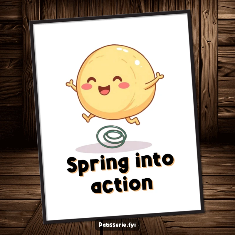 Funny pastry poster depicting a round, smiling pastry character with tiny legs joyfully jumping on a spring.