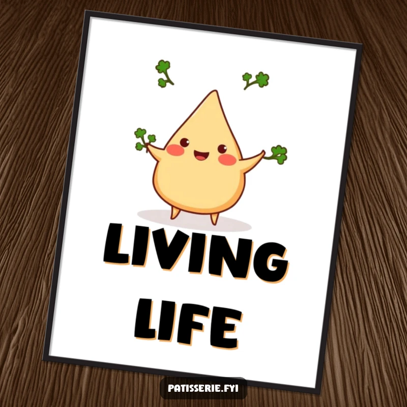 Funny samosa poster, cheerful, juggling three tiny cilantro sprigs, whimsical wall art, food enthusiast humor.