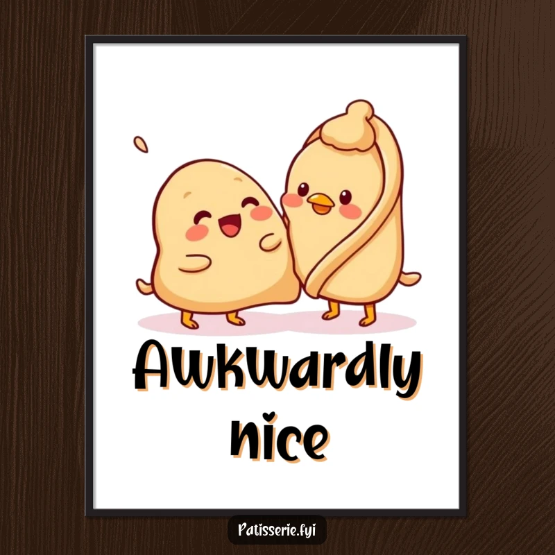 Funny samosa poster, beaming, attempting to pat a confused chickpea, adorable wall art, whimsical food humor.