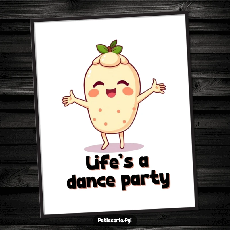 Funny poster of a giggling tart character doing a hilarious dance with arms spinning wildly, bringing playful energy to any room.