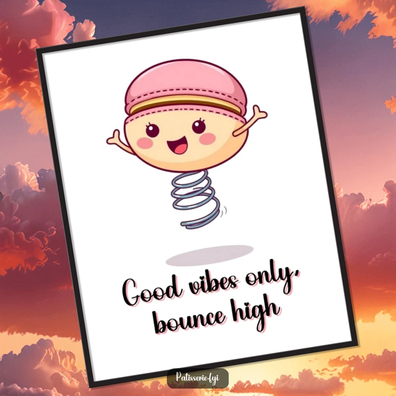 Funny macaron poster showing a happy cookie energetically bouncing on a spring, adding a playful and cheerful touch.