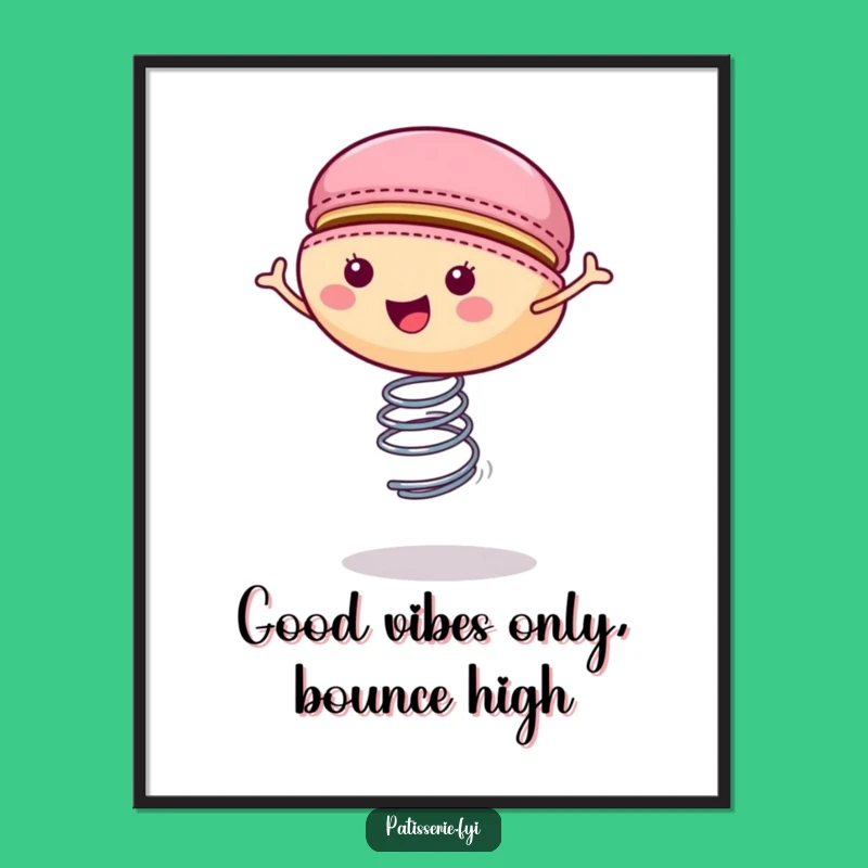 Brighten your space with this lively poster of a macaron bouncing enthusiastically on a spring. A delightful piece of art that brings energy.