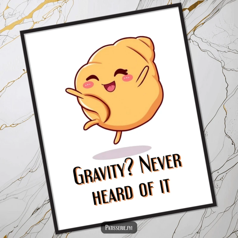 Funny croissant poster capturing a charming winking pastry mid-cartwheel, adding a whimsical and humorous touch to decor.