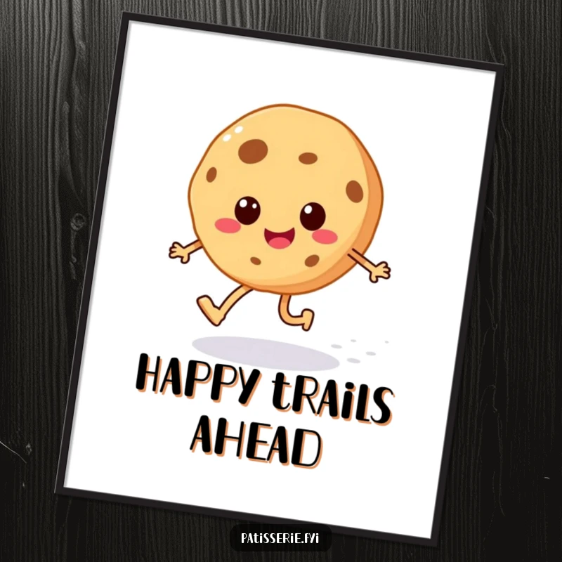 Funny cheerful cookie poster art of a happy skipping character with a sugar sprinkle trail, bringing sweet vibes.
