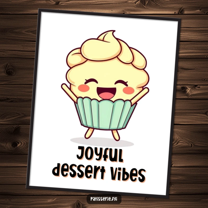 Funny cupcake poster of a smiling cupcake with frosting hair joyfully leaping in the air.