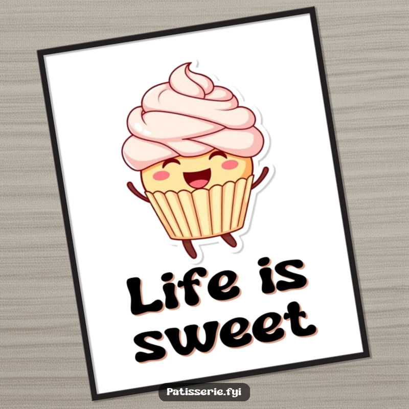 Funny poster print of a smiling cupcake with luscious frosting hair, captured mid-leap in a moment of pure bliss.