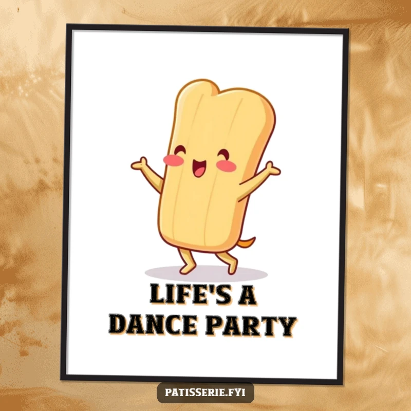 Funny baguette poster of a cheerful character doing a silly little jig, bringing dynamic energy and joy to decor.