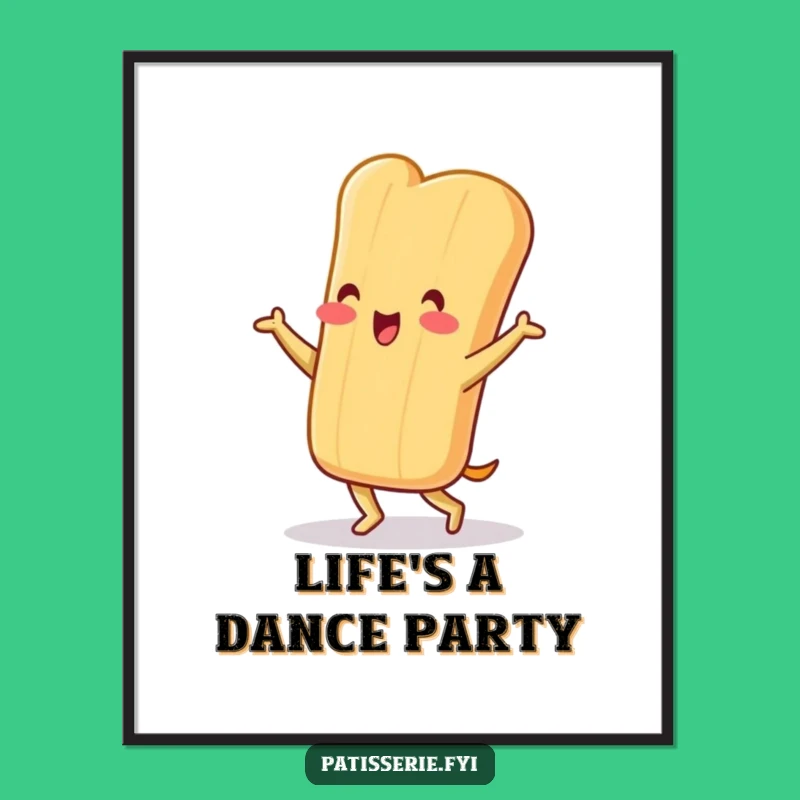 Bring a burst of energy and fun to your walls with this funny baguette poster. The cheerful character’s jig is guaranteed to make you smile.