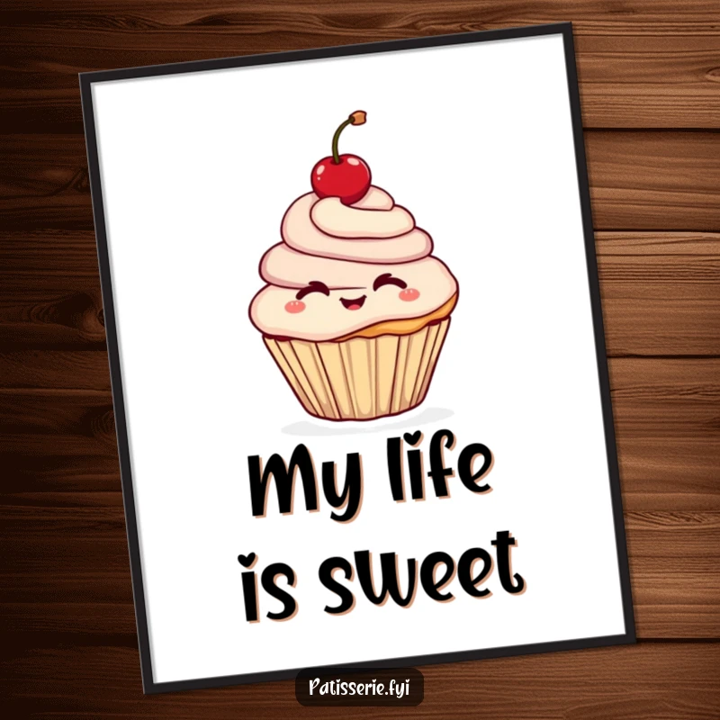 Funny poster of a cheerful cupcake character giving a playful wink while holding a bright red cherry high, bringing sweet charm.
