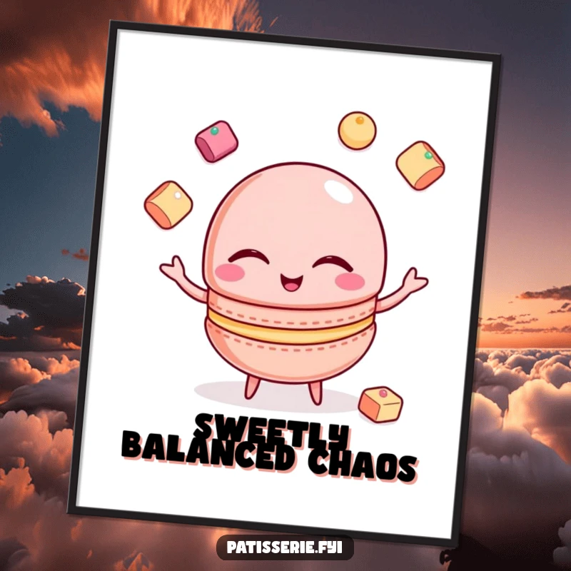 Funny Macaron Poster: A winking macaron juggles sugar cubes in a charming display of sweet, funny talent.
