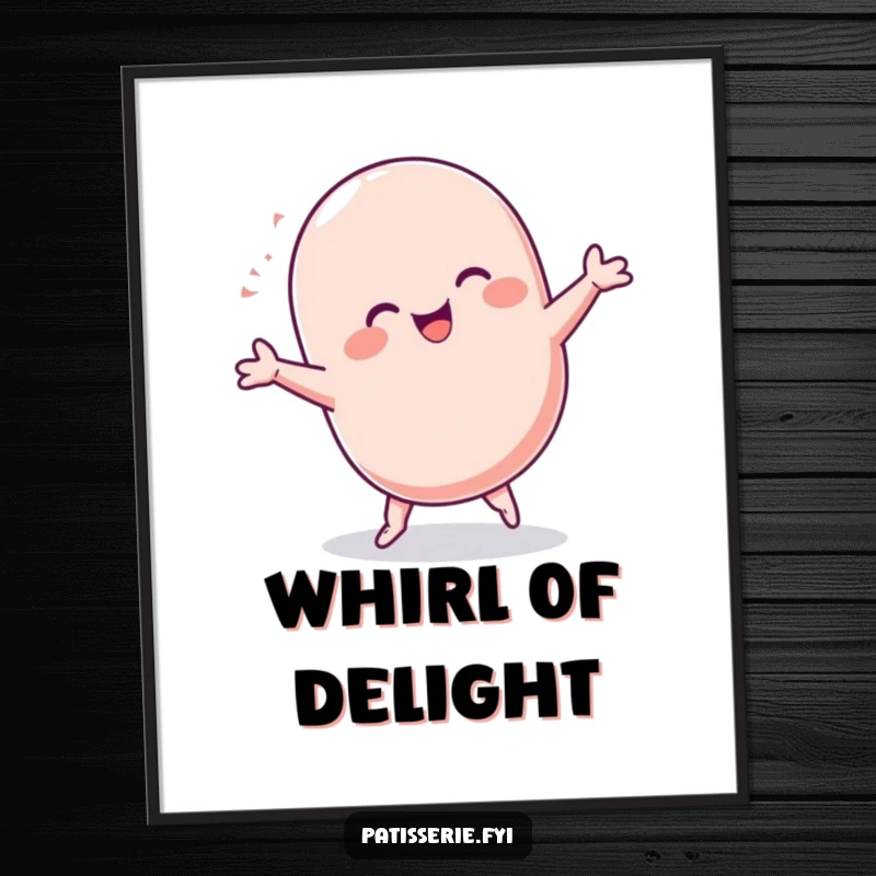 Funny Macaron Poster: A jubilant, chubby macaron character executing a spirited cartwheel, bringing dynamic joy and sweet artistry to any wall.