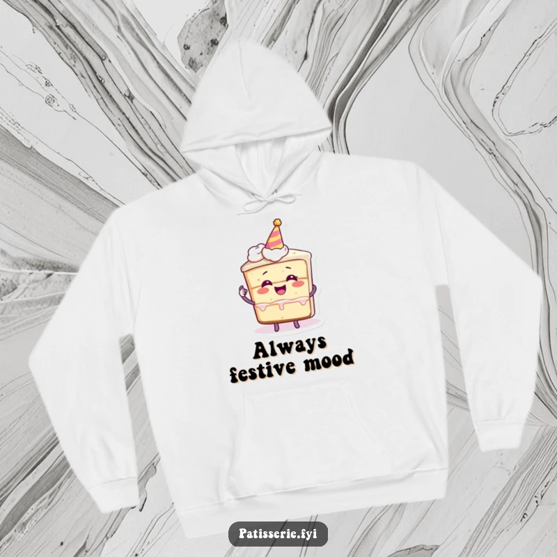 Funny hoodie featuring a slice of cake character giggling, holding a miniature party hat, perfect for cozying up with festive cheer.