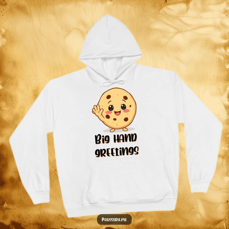 Funny Hoodie: A smiling cookie character giving an enthusiastic wave with both hands, perfect for spreading warmth and joy.
