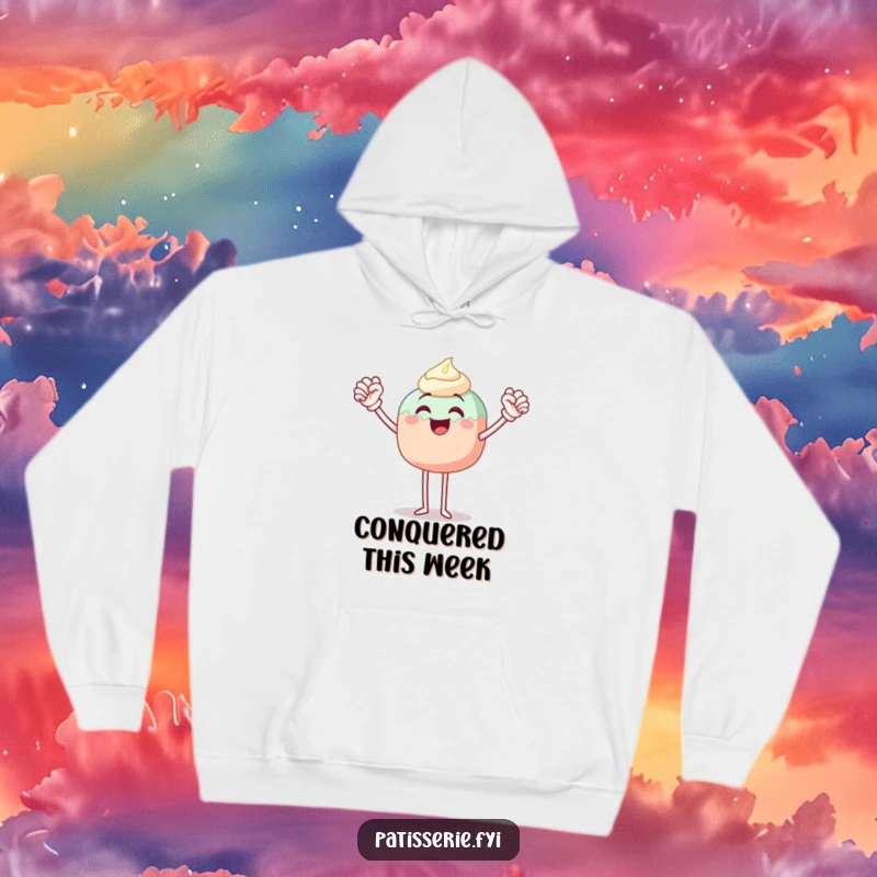 Funny hoodie featuring a joyful cake pop character with legs, performing an ecstatic fist pump, radiating pure happiness and warmth.
