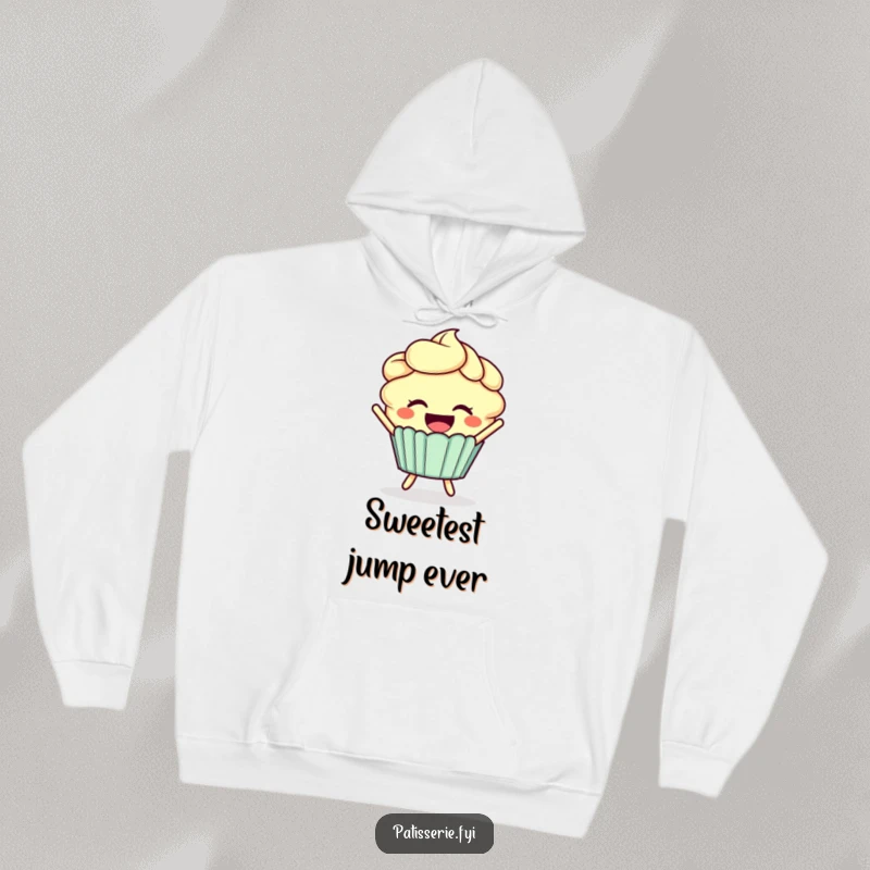 Funny cupcake hoodie featuring a smiling cupcake with frosting hair joyfully mid-leap.