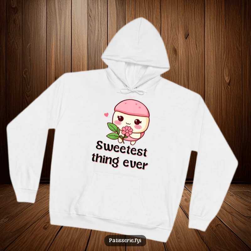 Funny macaron character with rosy cheeks blushing and holding a flower, featured on a cozy hoodie for lovers of sweet treats.