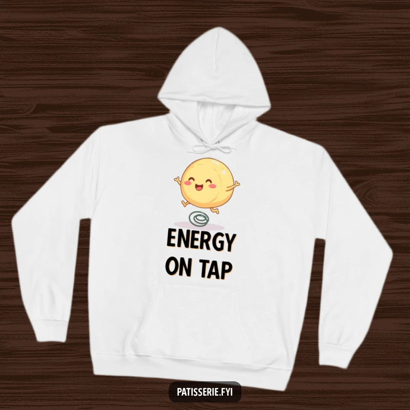 Funny pastry hoodie featuring a round, smiling pastry character with tiny legs joyfully bouncing on a spring.