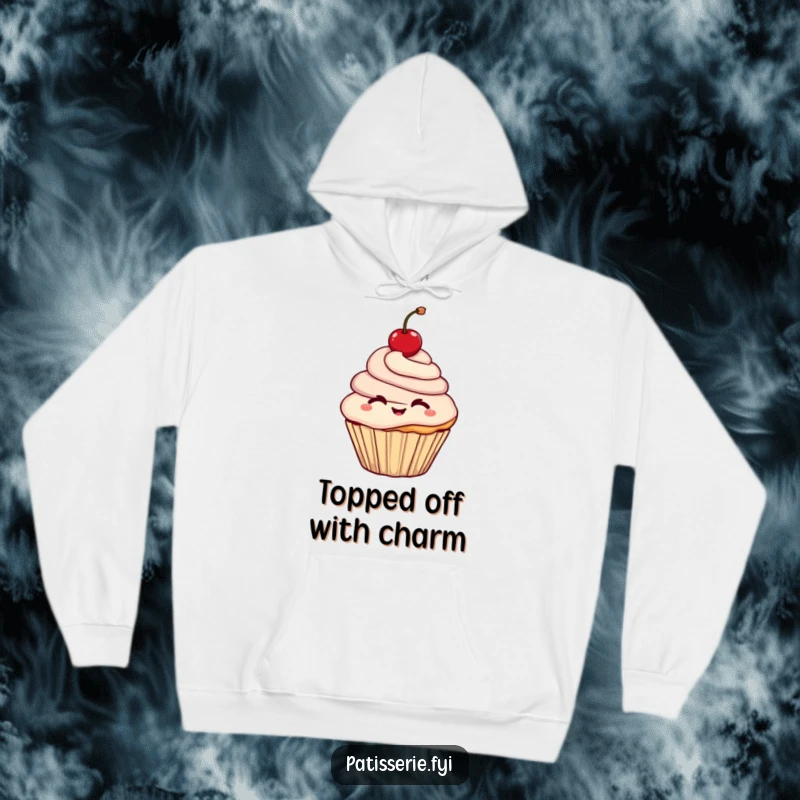 Funny hoodie featuring a cheerful cupcake character winking enthusiastically while holding a cherry aloft, radiating pure delight.