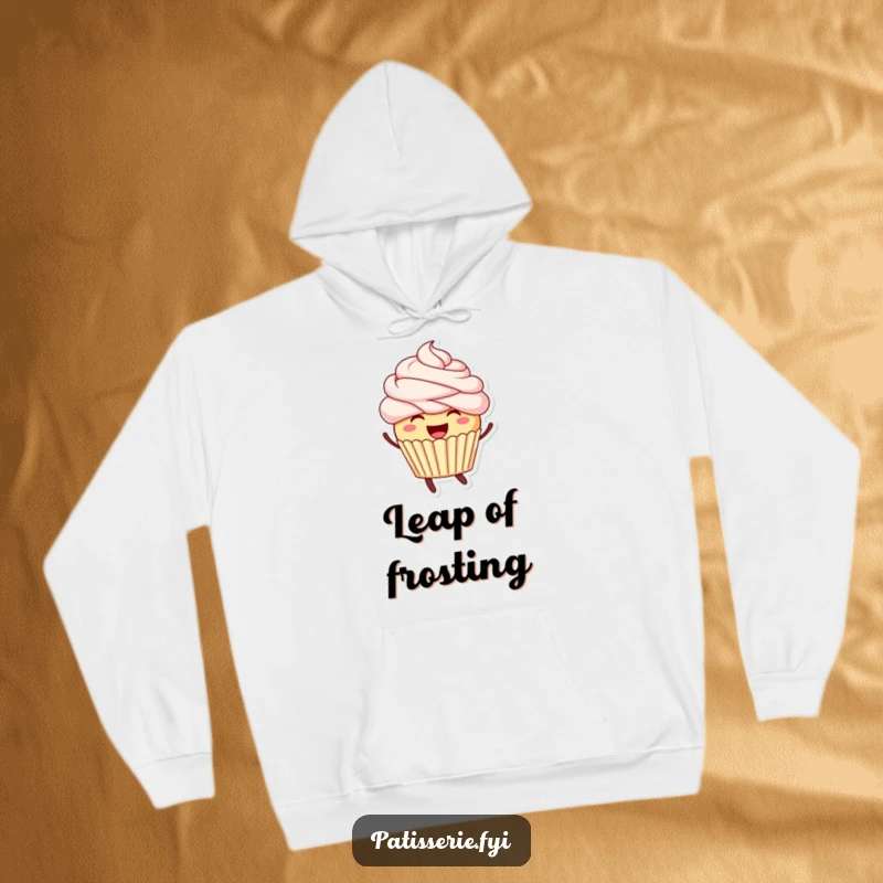 Funny hoodie adorned with a smiling cupcake with flowing frosting hair, captured in a joyful leap.