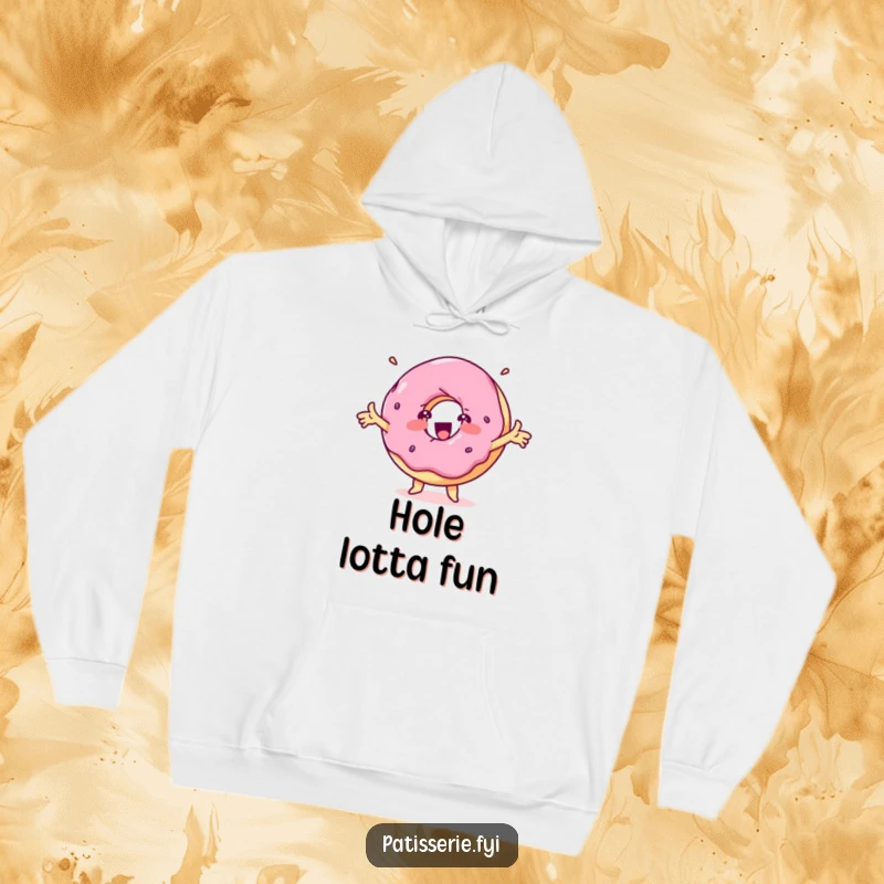 Funny delighted donut hoodie showing a spinning treat character with outstretched arms, perfect for cozying up.