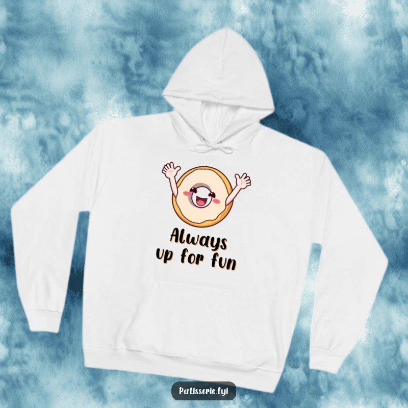 Funny hoodie featuring a smiling donut character with arms outstretched, cheering enthusiastically, perfect for cozying up with cheer.