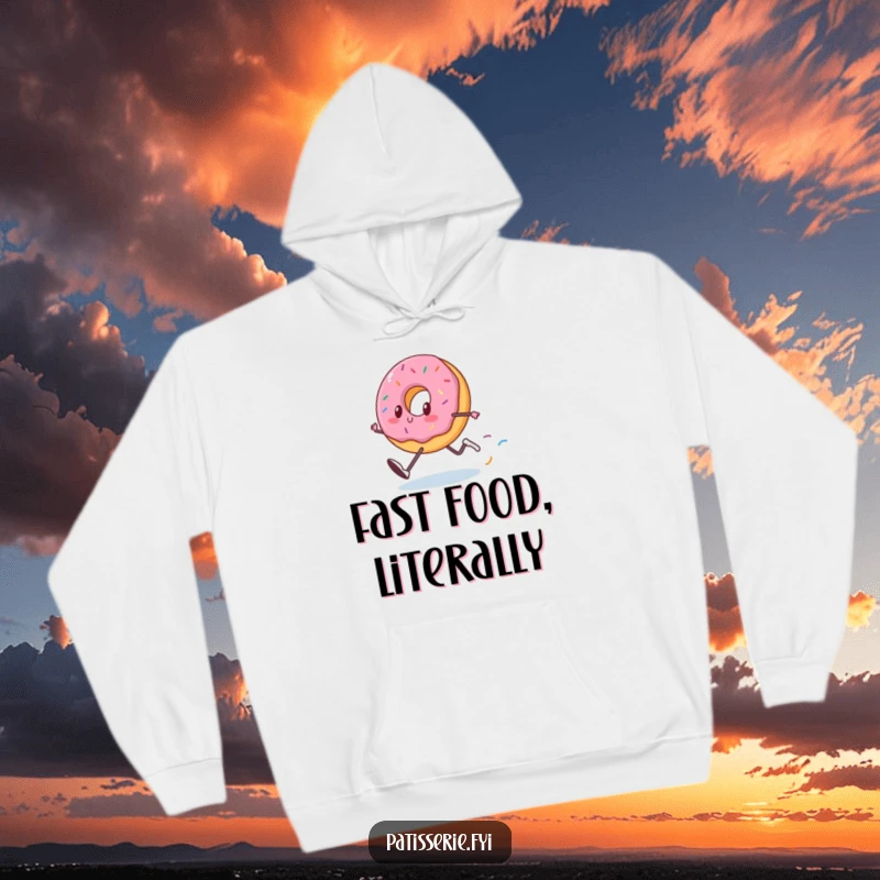 Funny Donut Hoodie: A happy donut runs fast, leaving sprinkles, offering warm and funny comfort.