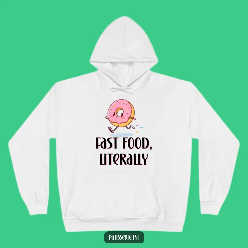 Stay warm and witty with this funny donut hoodie! Its running design and sprinkle trail bring a playful, energetic vibe to your cozy comfort.