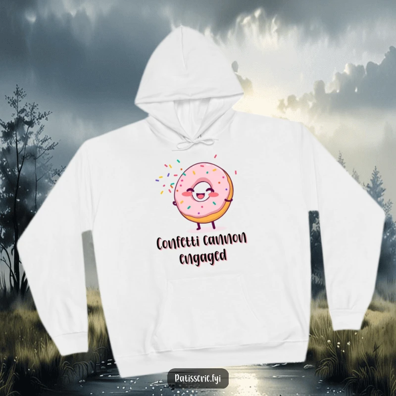 Funny Donut Hoodie with a giggling donut character spraying sprinkles, offering warmth and a festive, celebratory atmosphere.