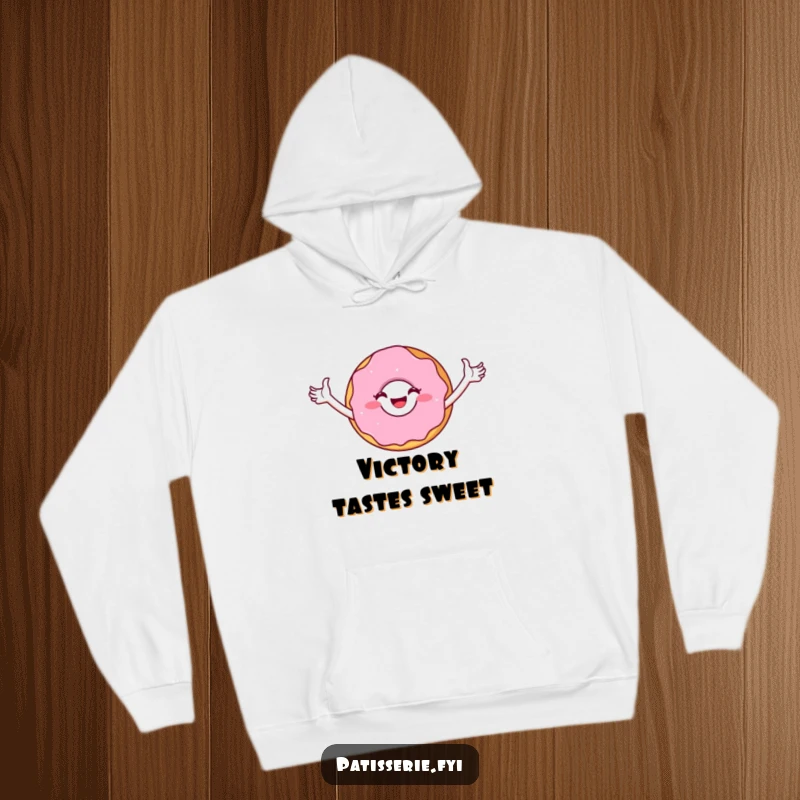 Funny Hoodie: A joyful donut character exuding confidence with a triumphant pose, perfect for celebrating wins.
