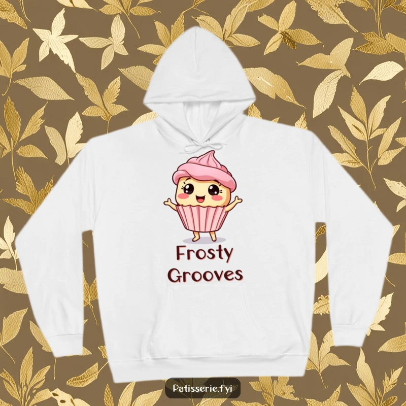 Funny giddy cupcake hoodie showing a dancing dessert character with wide eyes, perfect for cozying up with a laugh.