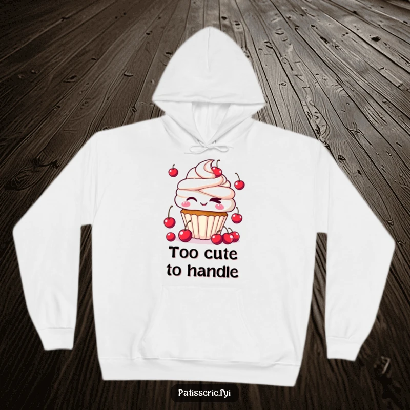 Funny Kawaii Cupcake Hoodie with a cute cupcake character winking and juggling cherries, offering warmth and a sprinkle of sugary fun.
