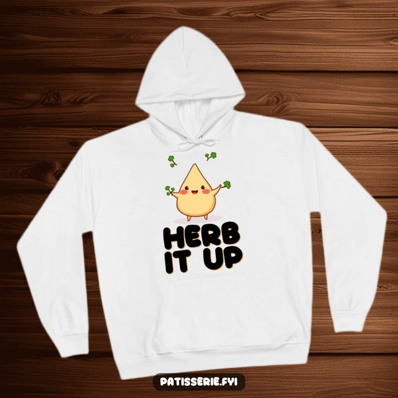 Funny samosa hoodie, cheerful, juggling three tiny cilantro sprigs, cozy and humorous apparel, great gift.
