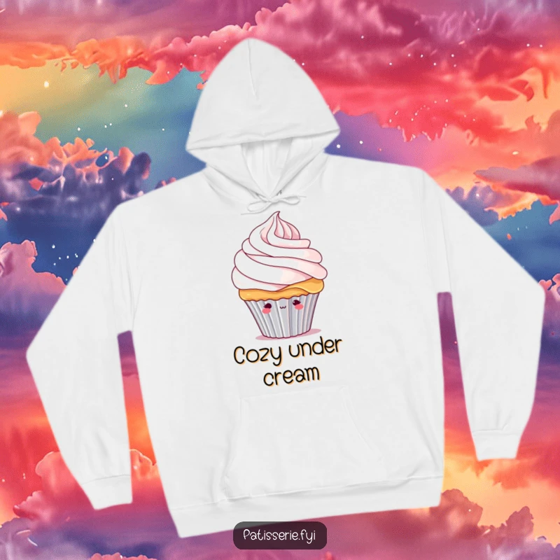 Funny shy cupcake hoodie featuring a bashful cupcake character partially obscured by a fluffy swirl of whipped cream, looking shy.