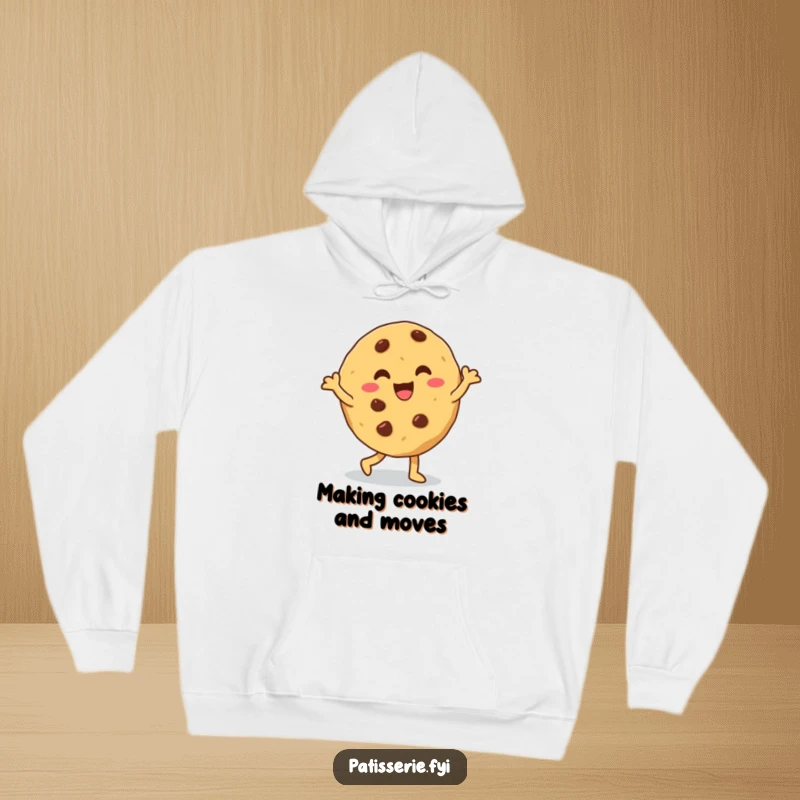 Funny cookie hoodie showing a giddy, chocolate chip cookie doing a silly dance, offering warmth and cheerful vibes.