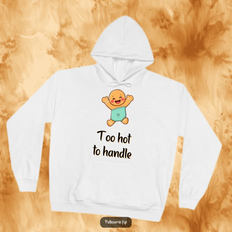 Funny hoodie featuring a grinning gingerbread man jumping with joy from an oven mitt, embodying festive fun.