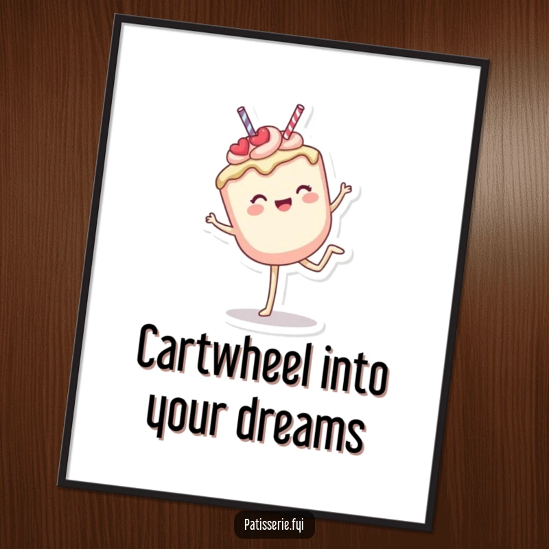 Funny Free Printable Wall Art: A cheerful cake pop character doing a cartwheel, adding a dynamic and humorous touch to any room.