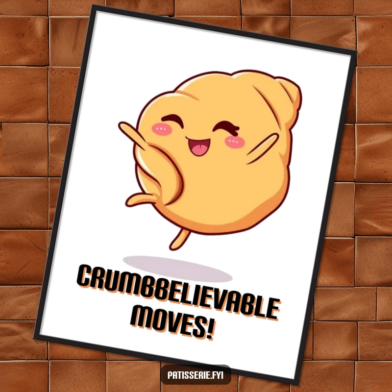 Funny Free Printable Wall Art: A croissant winks charmingly while executing a dynamic cartwheel, bringing pastry joy.