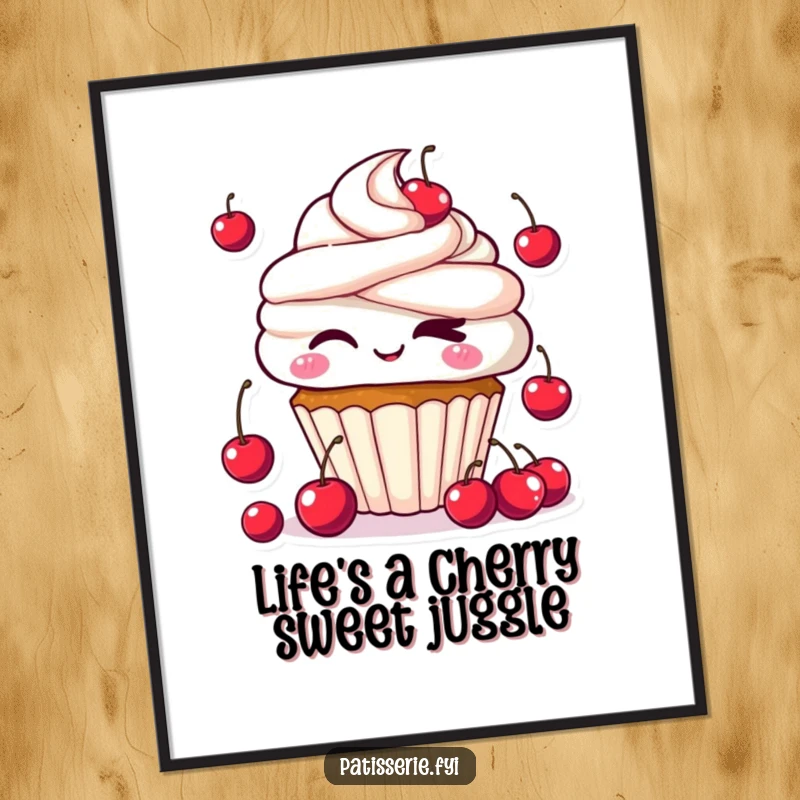 Funny Free Printable Wall Art: Kawaii cupcake character winking cheekily, juggling tiny cherries. Whimsical downloadable art.