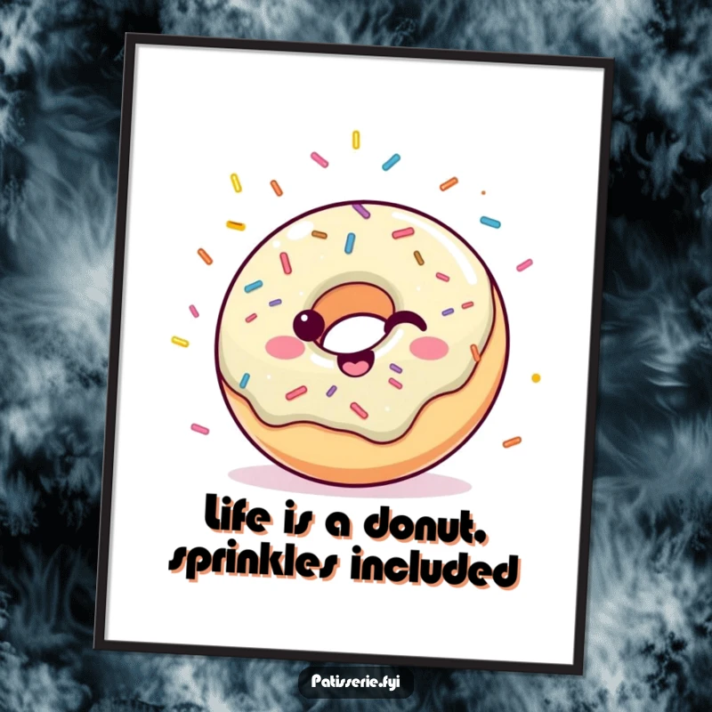 Funny Free Printable Wall Art: A happy donut with colorful sprinkles throwing a vibrant shower of confetti, full of celebration.