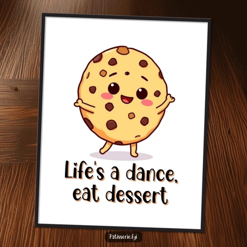 Funny Free Printable Wall Art: Giddy chocolate chip cookie performing a hilarious silly dance. Whimsical downloadable decor.