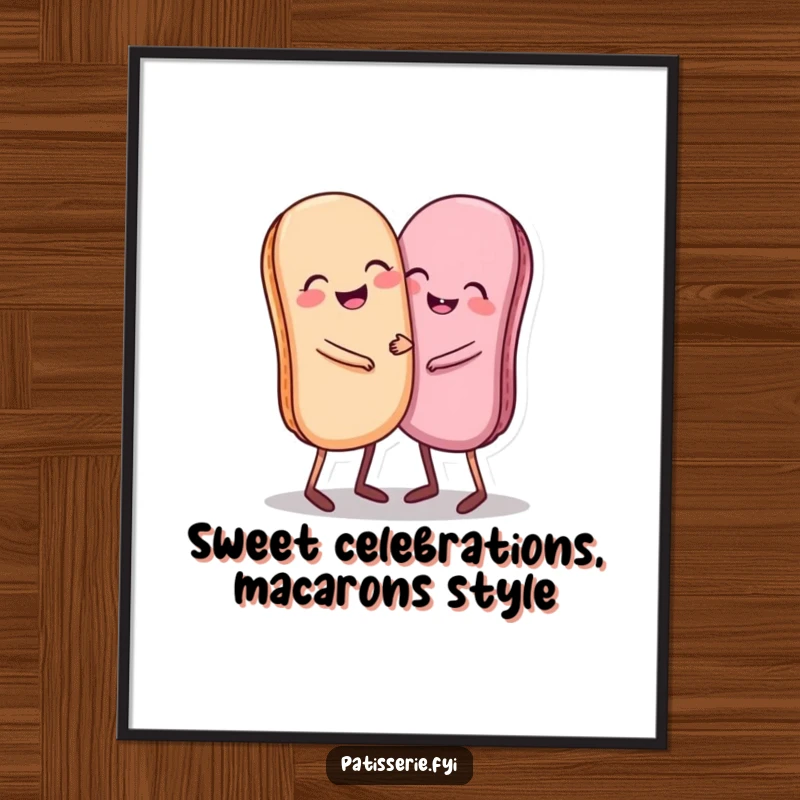 Funny Free Printable Wall Art: Two giggling macarons with tiny legs share a happy hug, bringing sweet joy.