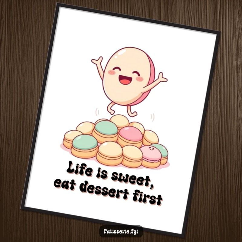 Funny Free Printable Wall Art: Adorable macaron character leaping with pure joy over a pile of cream puffs.