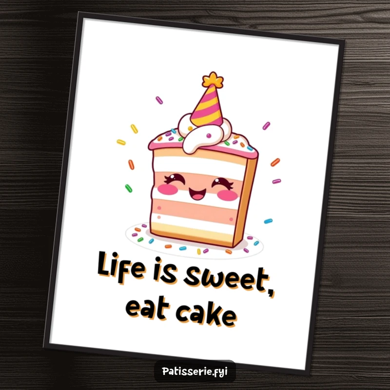 Funny Free Printable Wall Art: A smiling cake slice in a party hat expertly juggles colorful sprinkles with flair.