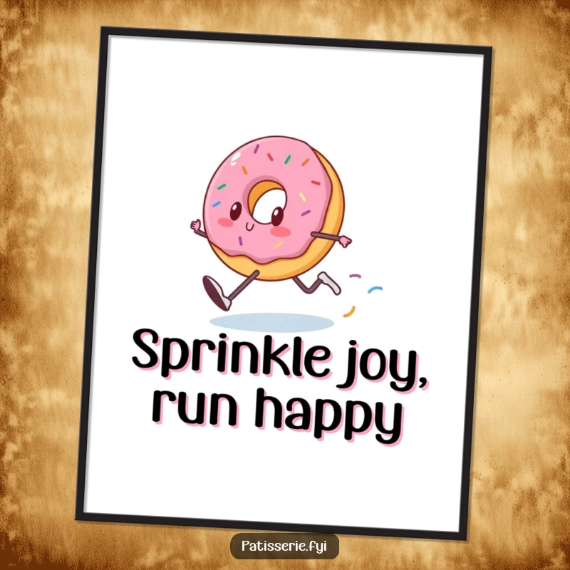 Funny Free Printable Wall Art: A happy donut with legs sprinting at full speed, leaving a vibrant sprinkle trail.