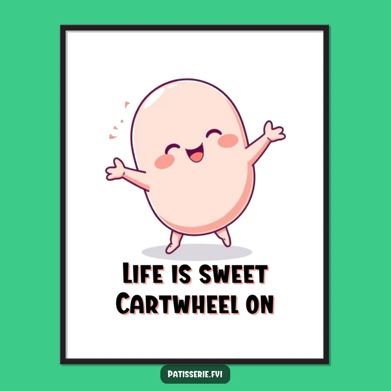 Brighten your space with this funny free printable wall art! The cartwheeling macaron is a delightful print at home addition to any room.