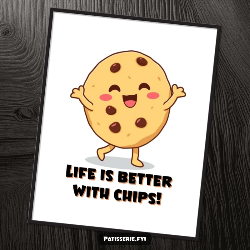 Funny Free Printable Wall Art: A giddy cookie packed with chocolate chips is captured doing a wonderfully silly dance.