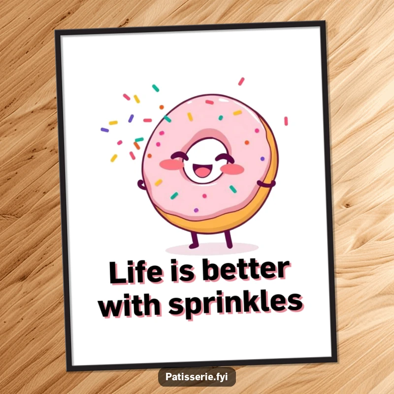 Funny Free Printable Wall Art: Giggling donut character spraying colorful sprinkles like confetti. Playful downloadable decor.